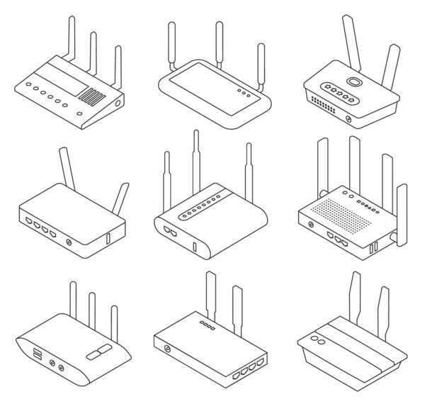 Wifi Router Wektor Izometryczny Zarys Ikona Zestawu Izolowany Zestaw Ikon — Wektor stockowy