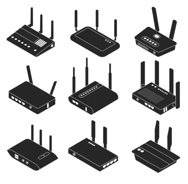 Wifi Router Vektor Svart Isometrisk Uppsättning Ikon Isolerade Isometriska Set — Stock vektor