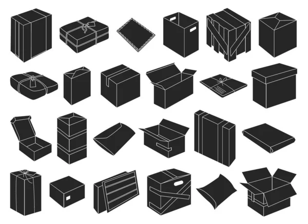 Postal Parcel Vector Negro Conjunto Icono Paquete Ilustración Vectorial Sobre — Vector de stock