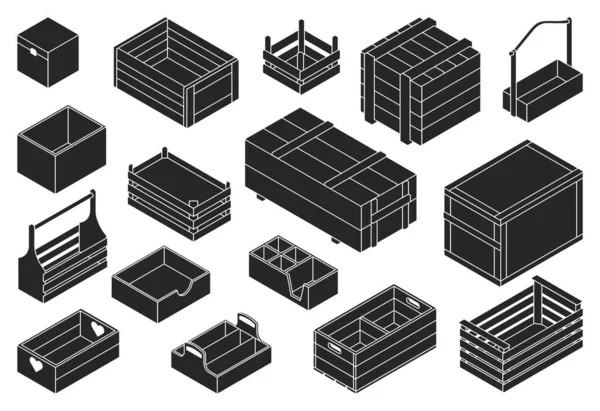 Caixa Madeira Preto Ícone Vetor Isométrico Set Isolado Conjunto Isométrico — Vetor de Stock