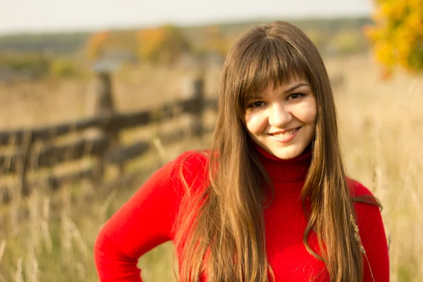 Usmívající se dívka proti podzimní krajina — Stock fotografie
