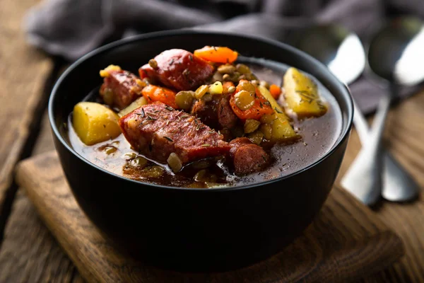 Winter Hot Thick Soup Lentils Smoked Sausage — Stock Photo, Image