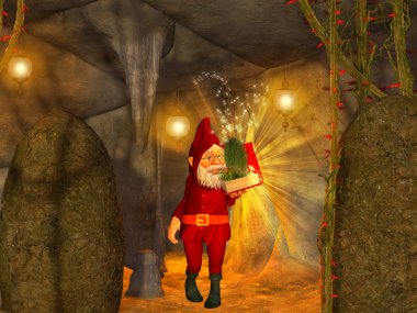 Magical cave, dwarf with magical book clipart