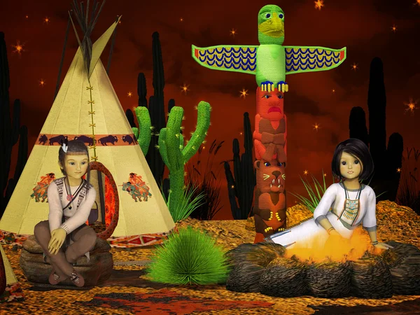 Niños nativos americanos, tipi por la noche — Foto de Stock