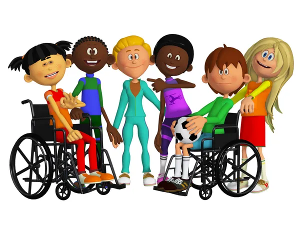 Compagni di classe, amici con due bambini disabili — Foto Stock