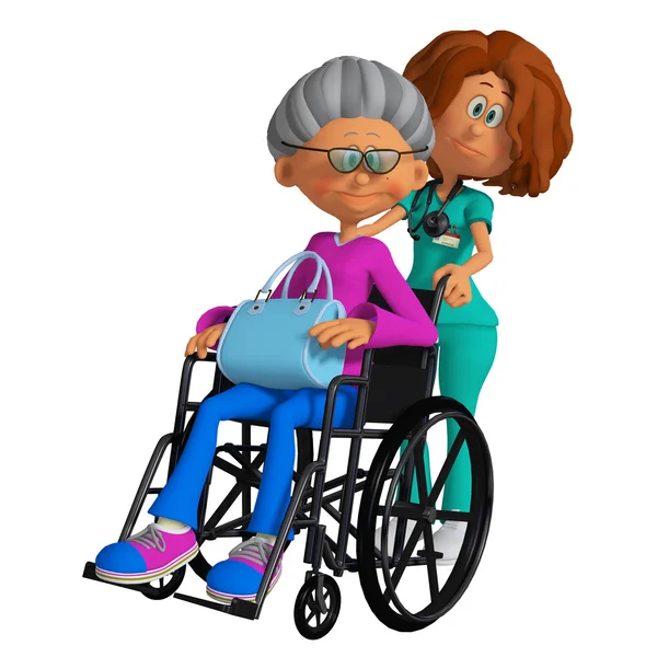 Mujer mayor sentada en la silla de ruedas y enfermera 3d — Foto de Stock