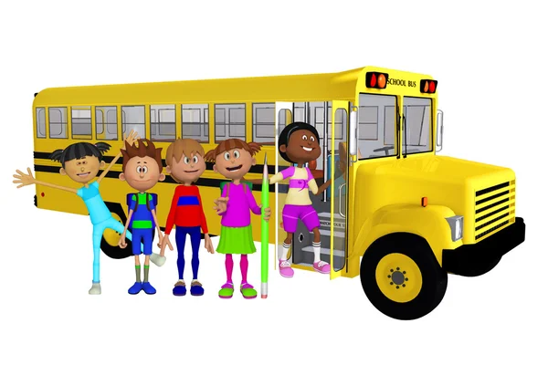 Crianças em idade escolar 3d e ônibus escolar — Fotografia de Stock