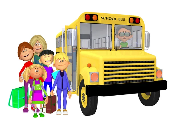Școlari 3D și autobuz școlar — Fotografie, imagine de stoc