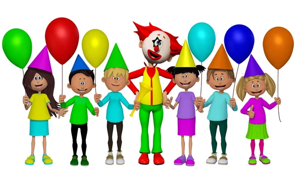 Grupo de niños 3d, fiesta de celebración con payaso — Foto de Stock