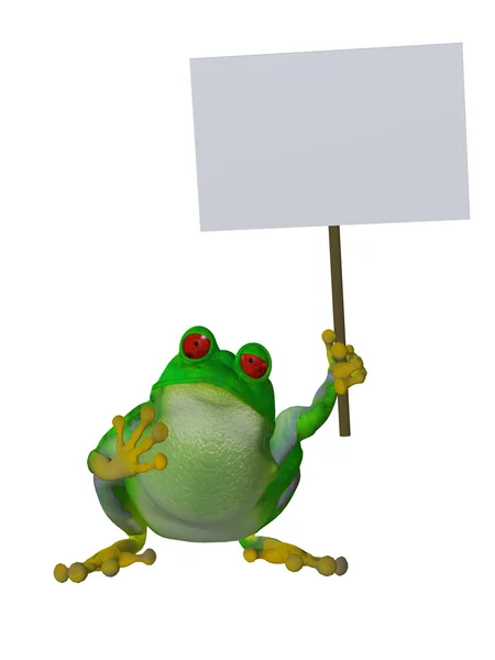 Boş bir tabela holding sevimli çizgi kurbağa — Stok fotoğraf