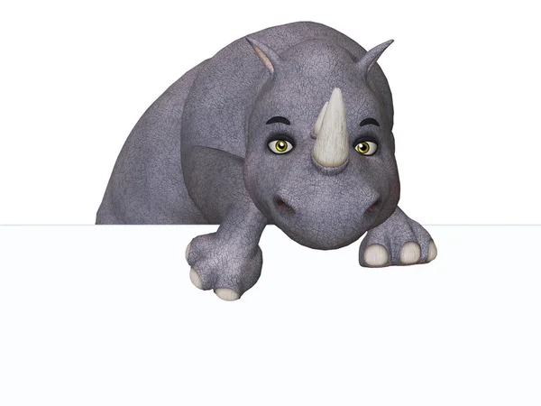 3D Cartoon Nashorn und Nashorn Baby mit einem leeren Brett — Stockfoto