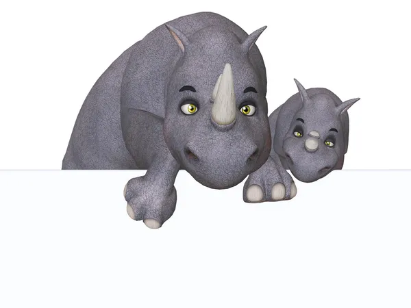 3D Cartoon Nashorn und Nashorn Baby mit einem leeren Brett — Stockfoto