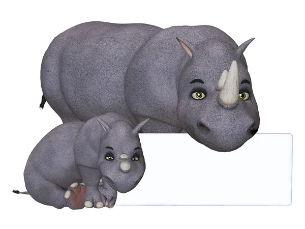 3d cartoon rhino und rhino baby with a blank board — Stock Photo, Image