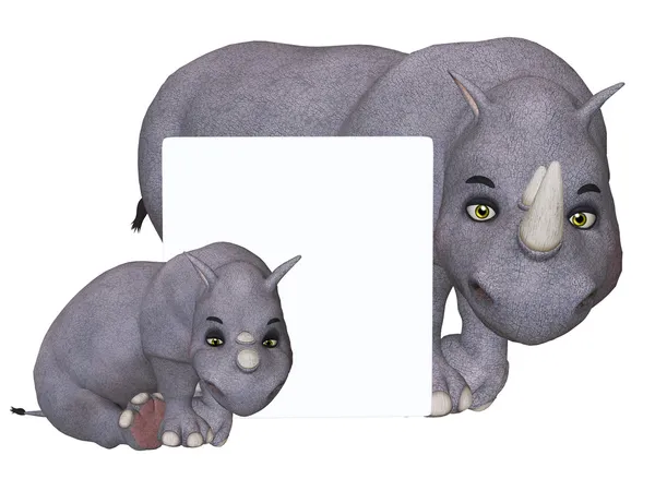 3d dibujos animados rinoceronte und rinoceronte bebé con un tablero en blanco — Foto de Stock