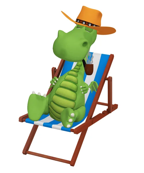 3D tecknad dragon rökning i stolen beach — Stockfoto