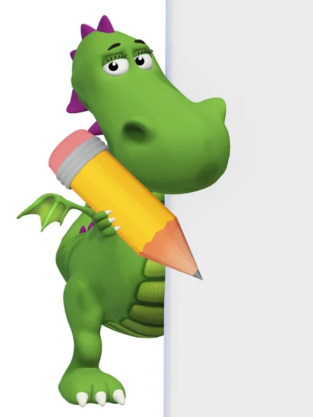 Green dragon with a pencil and a blank board — Stock Photo, Image