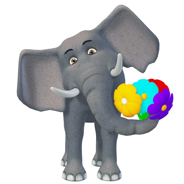 3d мультяшный слон с цветами — стоковое фото