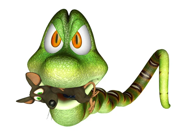 Una presa y un depredador, Serpiente de dibujos animados con un ratón — Foto de Stock
