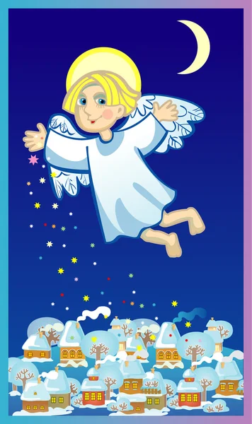 küçük bir kasaba üzerinde Noel meleği yıldız scatters