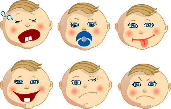 Six children's faces with the different expressions, crying, quiet, putting out the tongue, laughing, sceptical, malicious — Stock Vector