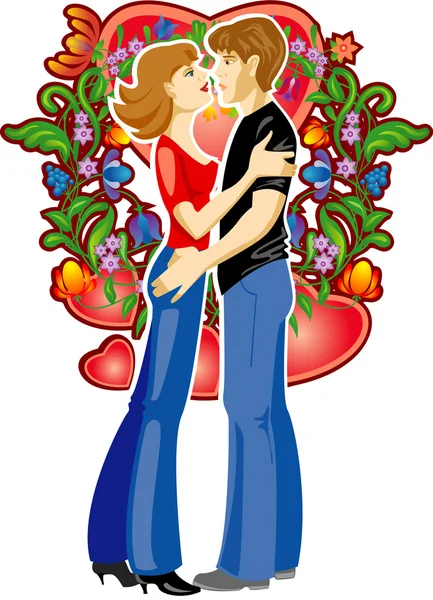 Milující pár proti srdce zdobené floversflovers で飾られた心臓に対してカップルを愛して — Stockový vektor