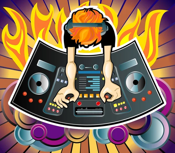 DJ behind the console, the top view — Stock Vector