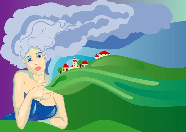 La muchacha - la nube contra el cielo de tormenta, la ciudad pequeña y los campos — Vector de stock