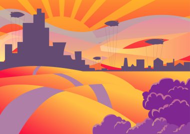 bir şehir ve zeplin balonlar karşı gelen güneş manzara