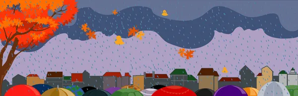 Calle de la ciudad de otoño con sombrillas — Vector de stock