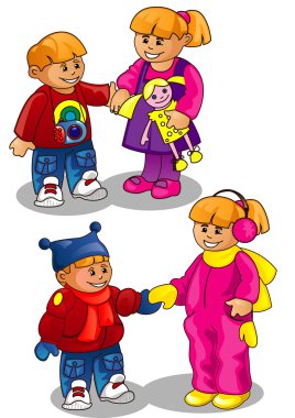 Yaz ve kış giysileri içindeki karakterlerin çocuk