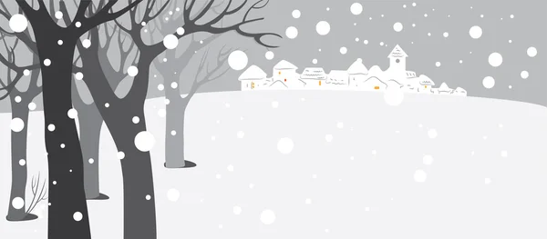 Fondo cubierto de nieve con árboles y pequeño pueblo — Vector de stock