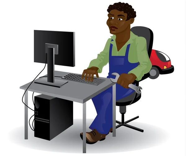 Mechanic sitting at the computer — Stock Vector