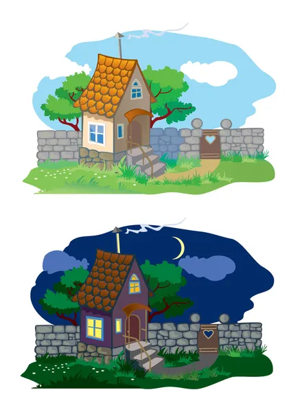 Pequena casa rural e paisagem (dia e noite ) Vetores De Stock Royalty-Free