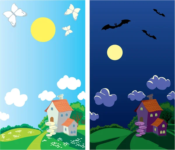 小的农村宅基地和景观 （白天和黑夜) 图库插图