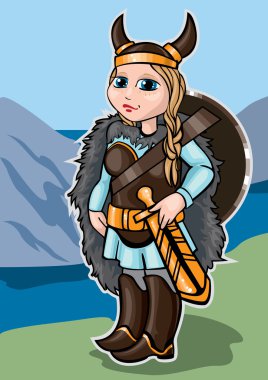Viking kız bir arka planda dağlar ve deniz
