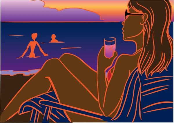 Puesta de sol, chica en la playa — Vector de stock