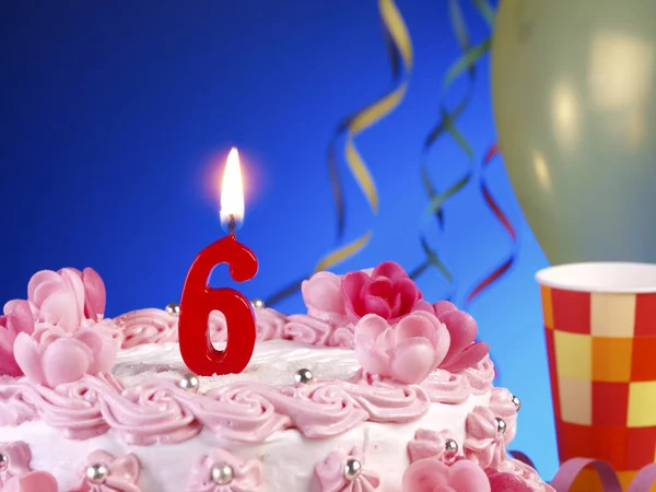 Birthday cake with red candles showing Nr. 6 — Stock Photo, Image