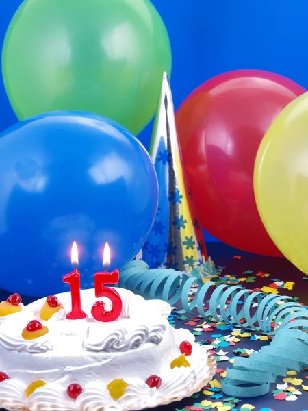 Birthday cake with red candles showing Nr. 15 — Stok fotoğraf