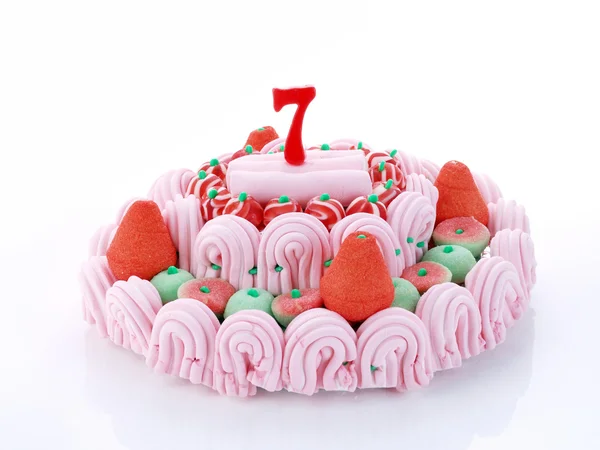Piros gyertya bemutató Nr. 7 születésnapi torta — Stock Fotó