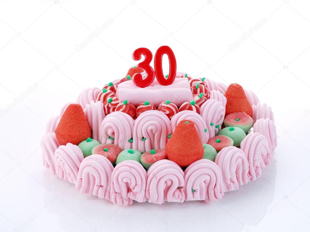 Birthday cake with red candles showing Nr. 30