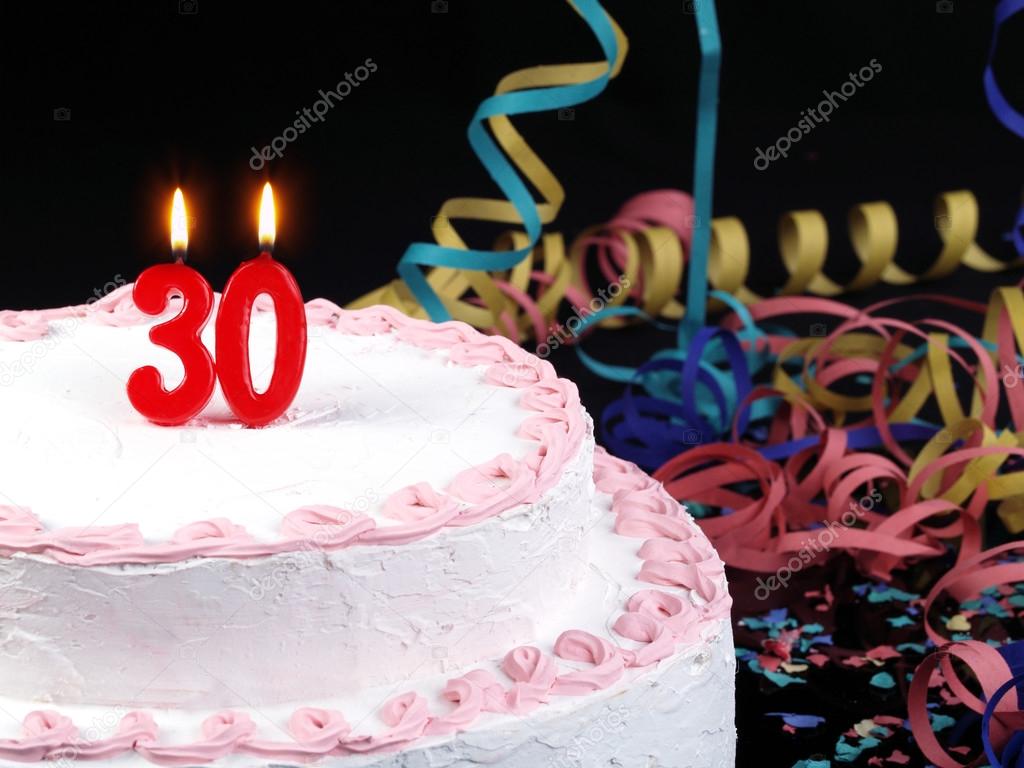 Birthday cake with red candles showing Nr. 30