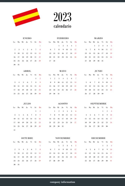 Spanish Calendar 2023 Months One Page Weekend Start Monday Clean — Stock Vector