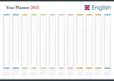 2023 için planlama takvimi. Duvar düzenleyicisi, yıllık planlama şablonu. Vektör çizimi. Dikey aylar. Bir sayfa. 12 aylık set.