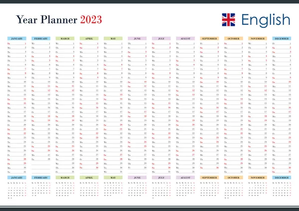 2023 için planlama takvimi. Duvar düzenleyicisi, yıllık planlama şablonu. Vektör çizimi. Dikey aylar. Bir sayfa. 12 aylık set.
