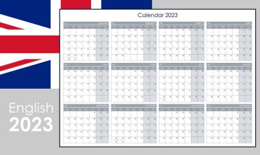 2023 için yıllık takvim. Notlar için boş yeri olan bir duvar planlayıcısı. Yatay yerleşim, bir sayfada 12 aylık şablon. Hafta pazartesiden itibaren başlıyor. İngilizce.