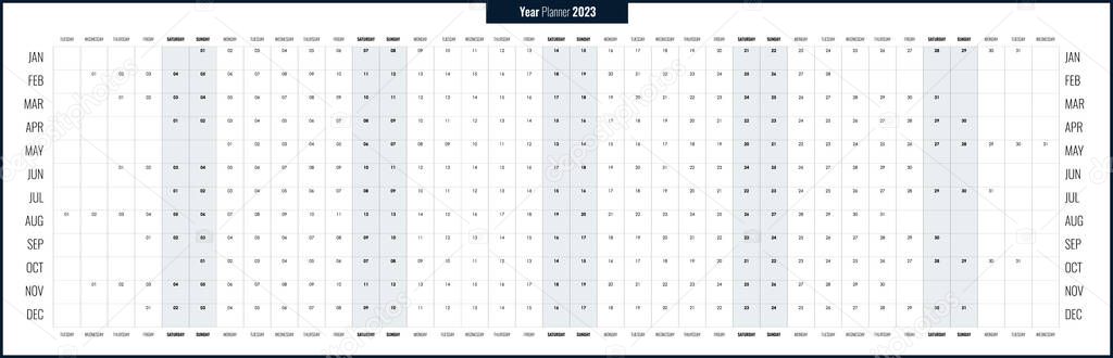 Long version of planner 2023. Yearly, 12 months wall organizer on one page. Simple calendar template for company, family. Vector illustration. Horizontal format in English. B&W colors. Copy space.