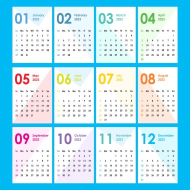 2023 takvimi. Basit ve temiz bir görünüş. Geometrik şekiller arka plan. Cep kartları. Duvar, ofis takvimi. Hafta pazar başlıyor..