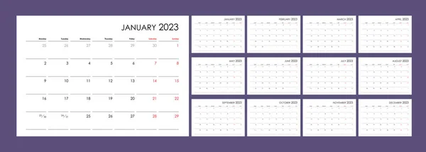 Calendar 2023 Year Organizer Planner Every Day Week Starts Monday — Stock Vector