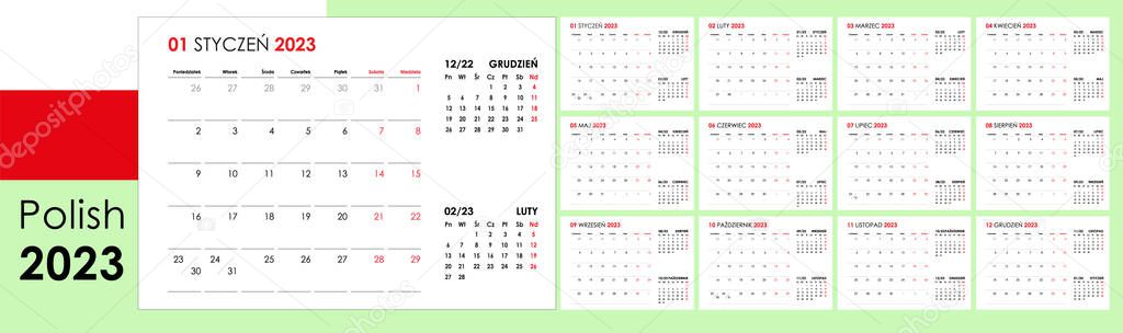 Calendar for 2023 year. An organizer and planner for every day. Week starts from Monday. 12 boards, months set. Wall layout. Clear template. Polish language.