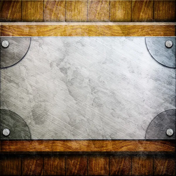 Metal plate on wooden planks — Stock Photo, Image